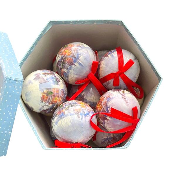 12 Victorian Snowy Winter Town 10" Christmas Ornaments Paper Mache Decoupage - Picture 4 of 8